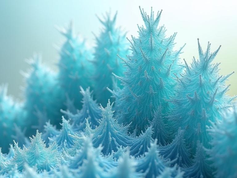 Fractal architecture featuring aquamarine colors. Detailed close-up of fractal trees with soft and diffused lighting. A dreamlike and abstract structure.