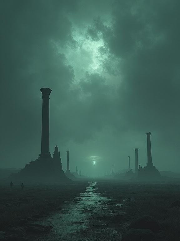 Design an album cover that conveys emptiness and terror. Feature a vast, empty plain under a stormy sky with silhouettes of ancient ruins, hints of ghostly apparitions, and spectral lights. Use a dark color scheme with muted tones.