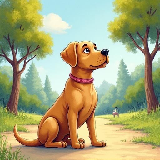 2D color pencil illustration from a children's book featuring a whimsical labrador in a park during a sunny afternoon with a soft colorful palette and hatching shadows. The dog has a friendly expression.