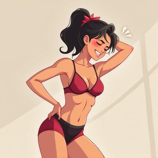 Young woman stretching in anime style. Wearing push up bra and shorts. Wincing and blushing from the stretch.
