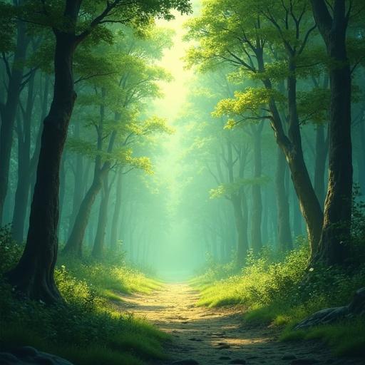 Scene depicting a forest that changes color based on emotions. It shows a path leading into a deep green forest with lush trees and gentle light. Suitable for a children's story. Aimed at 7 to 9 years old.