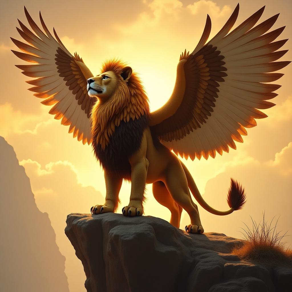 Majestic hybrid creature with lion body and golden eagle head and wings. Lion fur is golden, blending into brown and white eagle feathers. Perched on a cliff, wings spread wide. Sunset glowing behind, evoking mythical aura.