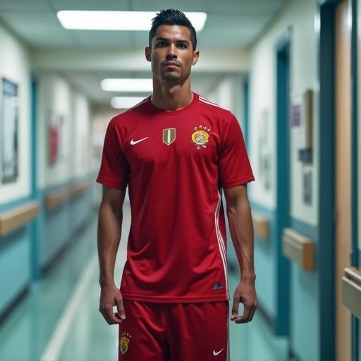 Athlete in a hospital corridor wearing a red sports uniform. Bright and clinical setting. The atmosphere is intense and focused.
