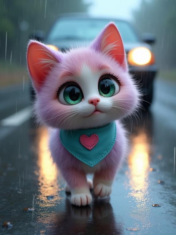 Low-angle shot of a fluffy kitten with pastel fur walking on a wet asphalt road during a rainstorm. Raindrops splash around its paws. A car is blurred in the background. Reflections on the wet surface. Moody atmosphere.