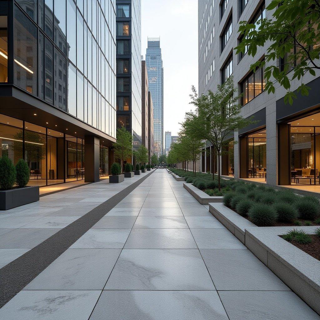 Wide walkway lined with trees and stone in a commercial area. Modern buildings with glass facades.