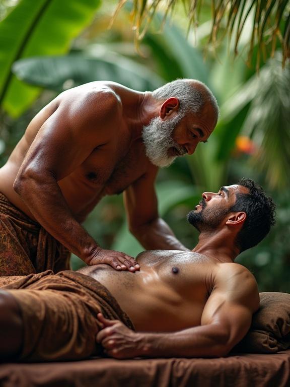 Hyper-detailed portrait of elderly Polynesian masseur leaning over athletic male client on massage table. Intense eye contact, focus on their expressions. Masseur has muscular physique with wrinkles. Sweat visible. Traditional lava-lava in earthy patterns. Client is relaxed, athletic bodied. Background features lush tropical foliage in soft bokeh. Atmosphere is intimate and charged with healing energy. Cinematic lighting highlights textures intensely.