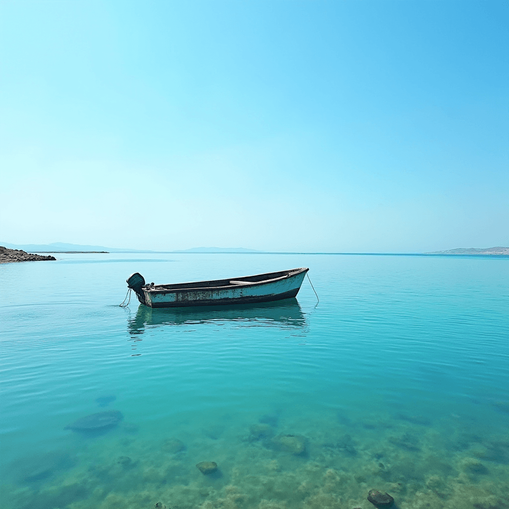 A lone boat floats on a calm, clear blue sea with a distant shoreline on the horizon.