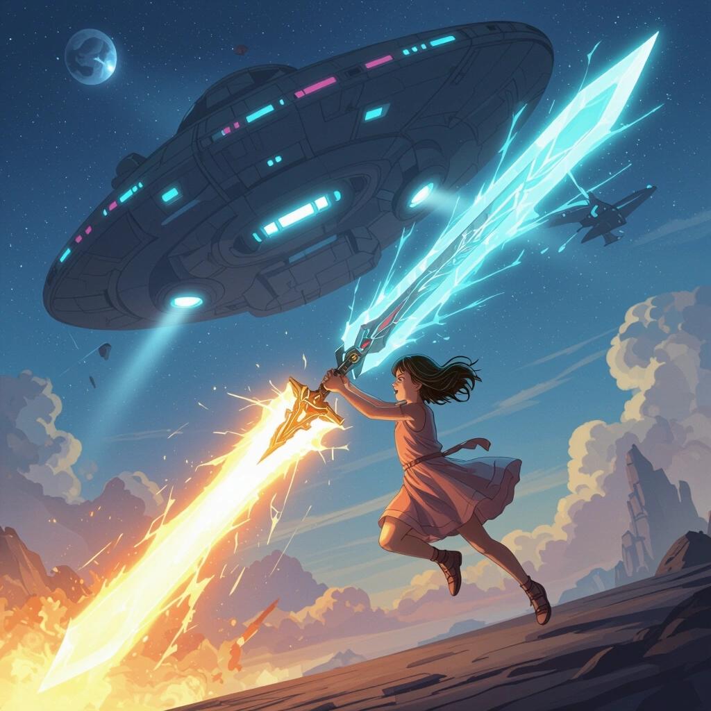 Young girl with a dress flying high in the air slashing a giant energy sword against a looming alien spacecraft. Background includes a vibrant sky with clouds and stars.
