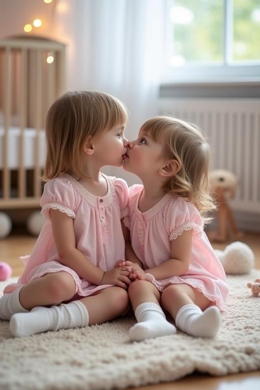 Two adorable slim four year old girls sit on a rug in a nursery. They wear frilly white socks and pink nightgowns. Toys and dolls are scattered around them. They are sharing a kiss.