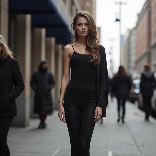 Model stands on street corner. Wearing a tight black dress. City scene with passersby in the background. Natural light illuminates the scene. Reflects a blend of confidence and inner conflict.
