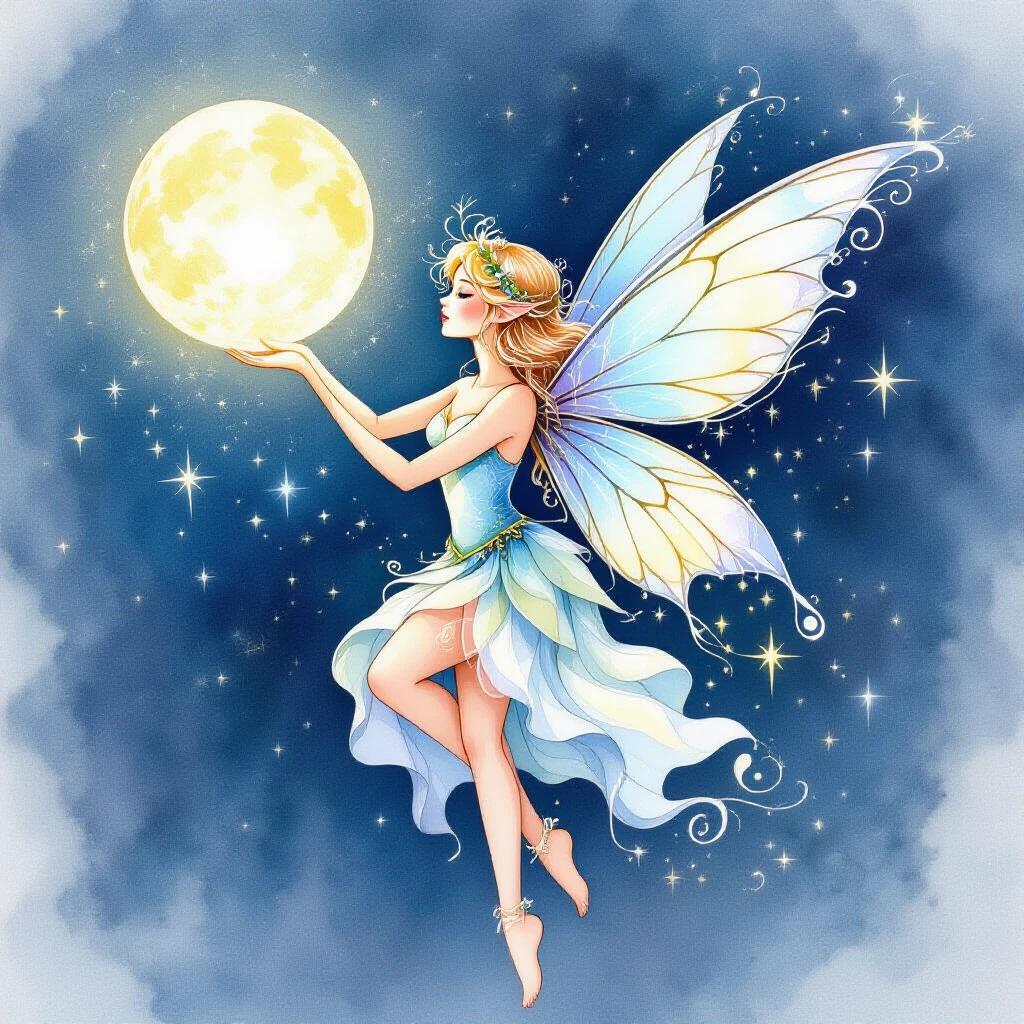 Watercolor illustration of a moonlight fairy with delicate wings holding a glowing orb. The illustration features a pastel blue and white background filled with sparkles. The fairy is mid-action as if dancing, with her wings spread and a joyful expression. The orb glows bright against the night sky.