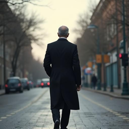 A realistic scene featuring a man in black walking alone on an empty street. The setting is urban with buildings and soft lighting.
