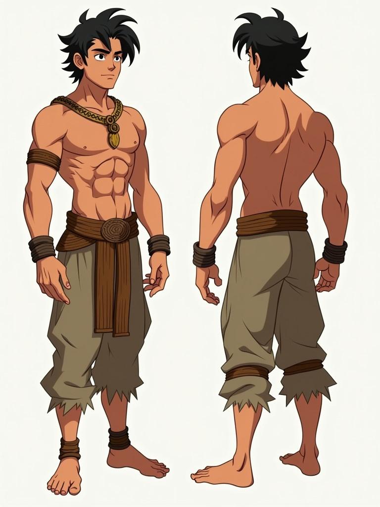 The image shows an animated male character designed for fantasy settings. He has dark hair and a muscular build. He wears minimal clothing made from natural materials. Accessories include a necklace and arm bands. The design features multiple views of the character. It showcases physique and outfit. The earthy colors emphasize a connection to nature. The character exudes strength and agility, suitable for an adventurous role.