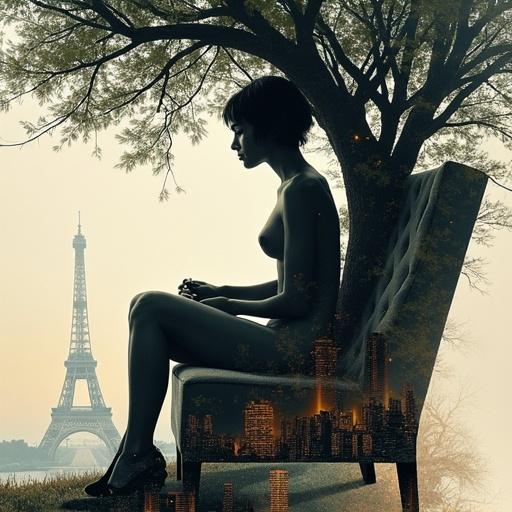Double exposure artwork showcasing a nude silhouette of a woman sleeping in a chair. Background features a cityscape with the Eiffel Tower and elements of trees and stars. Dreamy and intricate style.
