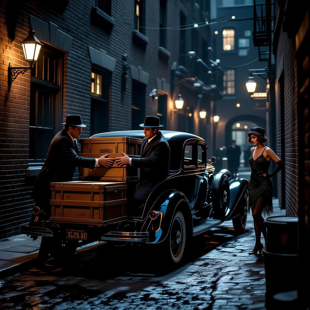 Mobsters loading crates into a vintage car in a dark alley behind the speakeasy. Flapper lookout keeping watch nervously. Gritty prohibition-era mood. Realistic.