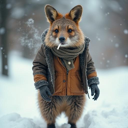 Quokka in winter setting walking through snow. Dressed in trendy winter clothing representing fashion trends. Smoking a cigarette. Fashion model vibe. Taken with a Canon camera from a low angle. Soft ambient lighting focuses on the quokka's face.