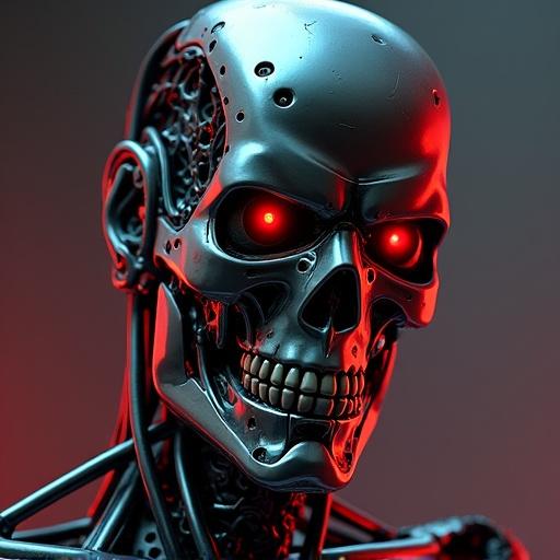 Generate a visually striking image of a futuristic robot. The robot features a metallic skull design with glowing red eyes. The focus is on its intricate mechanical details and an ominous presence. Use a dramatic color palette that emphasizes metallic tones and red highlights.