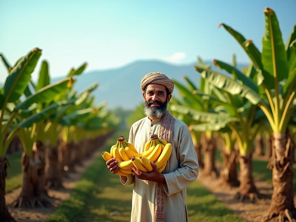 A man stands proudly in a lush banana plantation, holding a large bunch of ripe bananas in his hands. He wears traditional attire and a turban, showcasing his heritage and connection to farming. The background features tall banana trees basking in the sunlight, with rolling hills in the distance. The scene captures the essence of rural life and the beauty of agriculture. The warm light enhances the colors of the bananas and the greenery around, creating an inviting atmosphere.