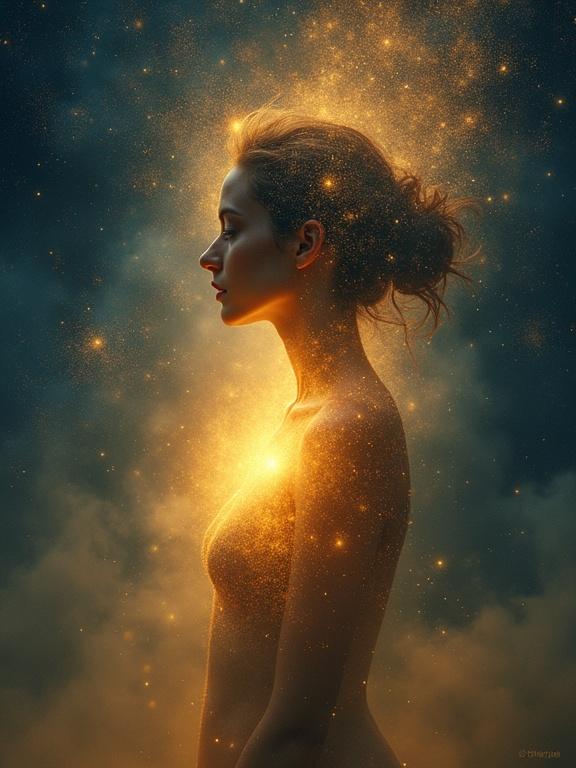 Surreal soft artwork capturing intuition and gut feeling. A gentle glowing silhouette of a person floats in a cosmic nebula with warm colors. A warm, pulsating light glows at the center of the chest symbolizing inner wisdom. Surrounding flowing lines and abstract shapes suggest thoughts and inspirations connecting intuitively. The atmosphere is calm, mystical, and inspiring, with a touch of magic and depth. Style: Surrealism, soft lighting, ethereal textures.