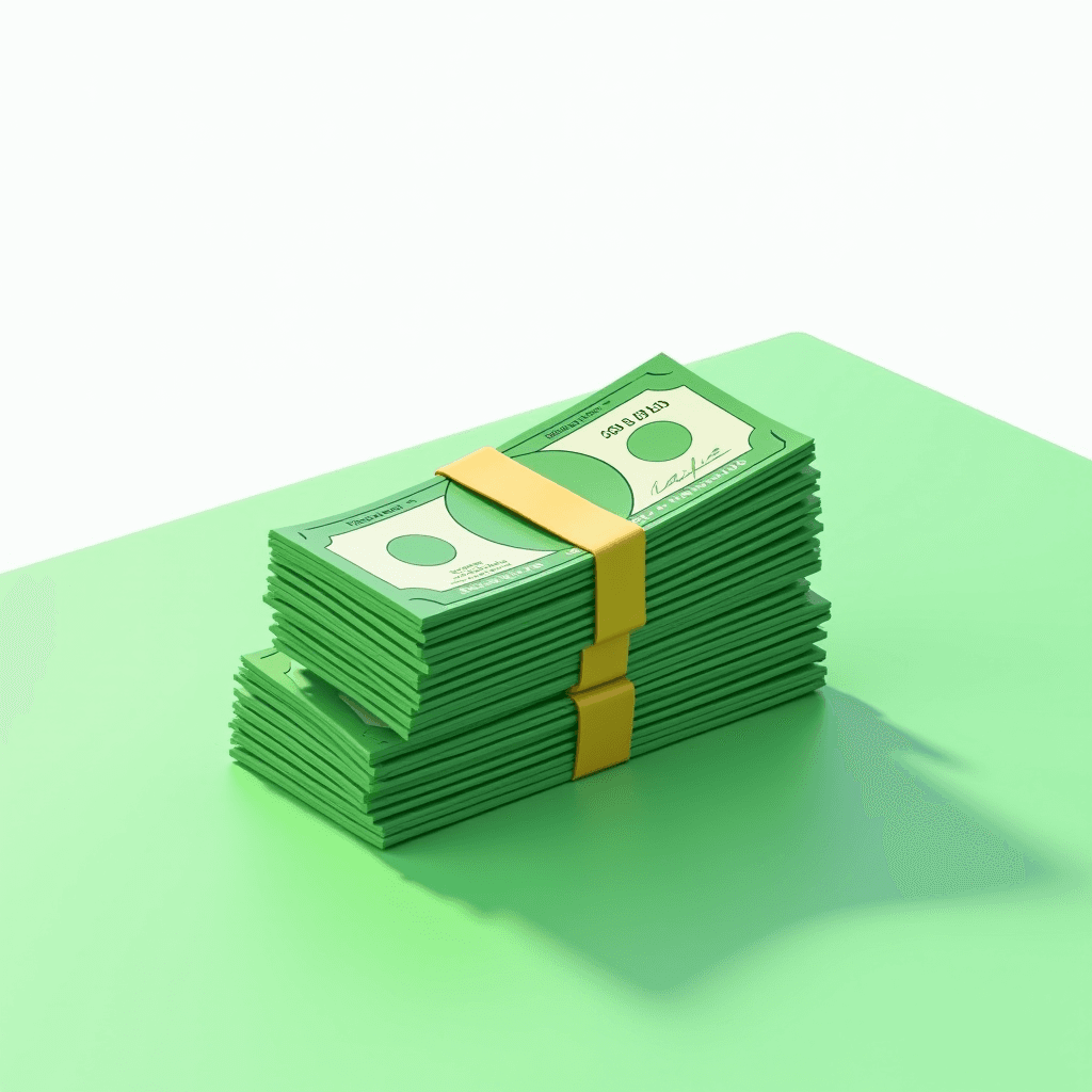 A stack of green dollar bills wrapped with a yellow band on a green surface.