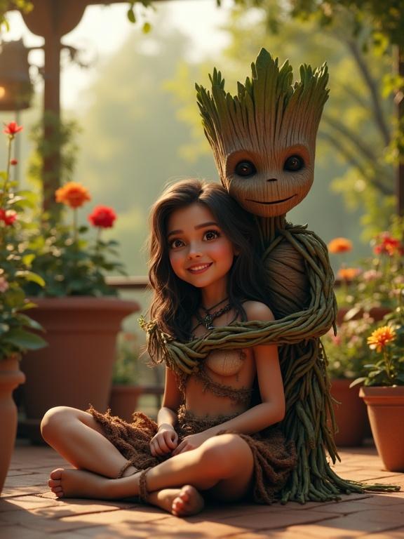 A tribal girl in tattered loincloth sits relaxed on a terrace. She is with potted flowers and garden scenery. Groot from Guardians of the Galaxy hugs her warmly. She looks surprised then smiles joyfully. Soft sunlight shines through the garden. Cinematic lighting creates a heartwarming atmosphere.