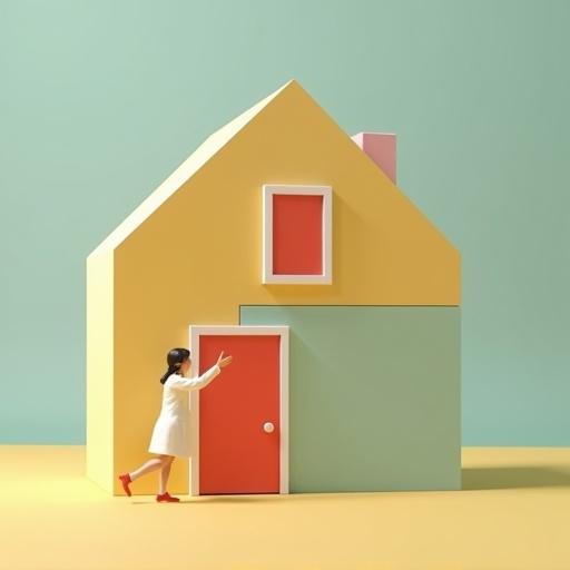 3D creative advertisement featuring a surreal house made from geometric shapes. Colorful background complements the house. Miniature person engages with the house. Concept is minimal and clever.
