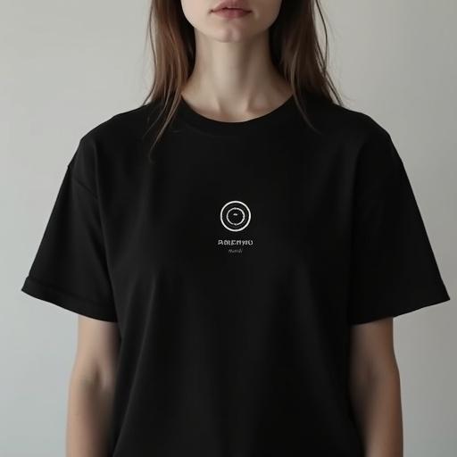 Minimalist black t-shirt worn by model in a studio. White geometric camera aperture icon on the chest. Russian text ФОКУС МЕДИА below it. Clean design, modern branding, calm atmosphere, inspired by photography gear aesthetics.