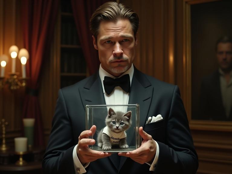 Brad Pitt stands in an opulent study. He holds a glass cube with a playful kitten. The kitten has blue eyes and soft gray fur. It wears a t-shirt that says Schrodie. Pitt looks bewildered with a confused expression.