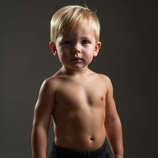 Realistic photo of a muscular baby with blond hair. The child has a defined physique and is posed standing. The baby is shirtless, showcasing muscles, and wearing fitted shorts. A neutral background highlights the subject.