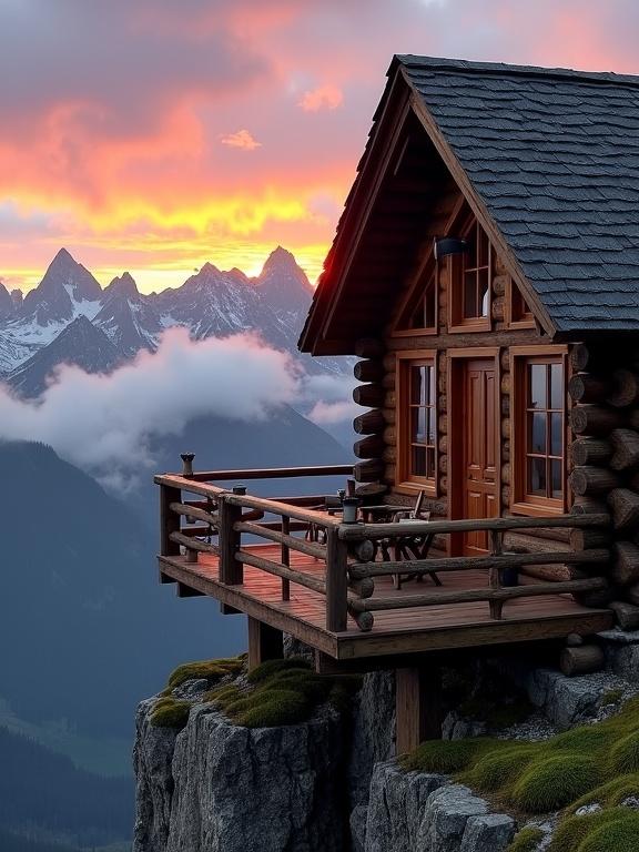 A rustic wooden cabin on the edge of a cliff in mountains at sunset. The cabin has a steep roof with dark shingles made of logs. Large windows are framed in wood. A wooden balcony extends outward with a table and chairs and metal mugs. The view includes snow-capped mountains and a sunset sky with pink, orange, and purple hues. The foreground features a rocky cliff with green moss. The scene creates a serene atmosphere.
