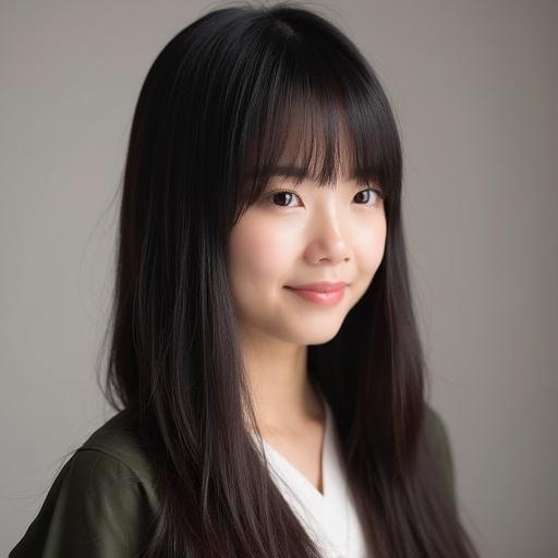 Image of a person with Japanese heritage having beautiful straight hair. The hairstyle is long and sleek. Subject has a serene expression and wears a simple outfit. Background is softly blurred and neutral colored.