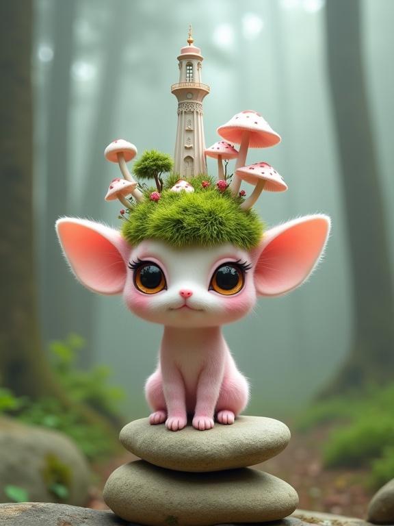 Fantastical creature with pastel pink body and large eyes. Perched on smooth stones in a misty forest. Wearing a crown of moss, tiny trees, and mushrooms. Surrounded by greenery and soft light, creating a serene and magical atmosphere.