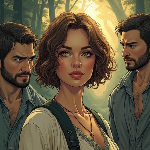 Dibujo ilustración de una mujer de cabellos marrones cortos y ojos marrones que está en medio de dos hombres en un paisaje de fantasía.