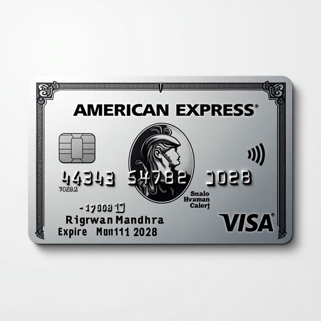 Realistic image of a platinum American Express credit card. Visa logo is displayed prominently. Cardholder name is Rizwan Mandhra. Expiry date shows March 2028. Silver background with bold black font conveys modern elegance.