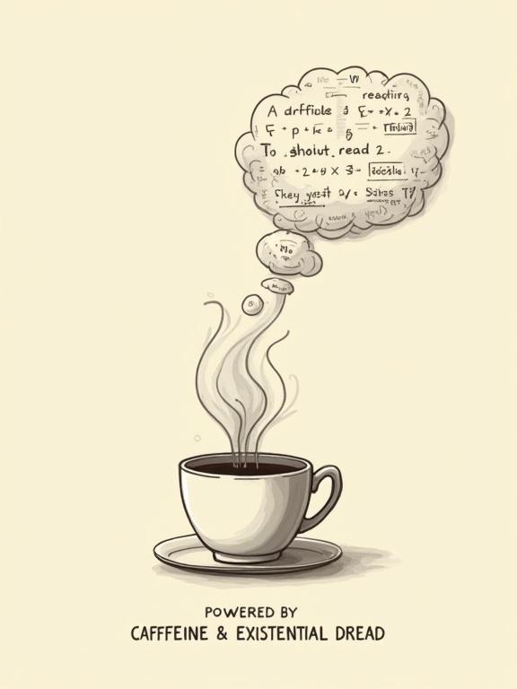Minimalist graphic of a coffee cup with steam transforming into a thought bubble containing complex equations and deadlines. Text includes 'Powered by Caffeine & Existential Dread.'