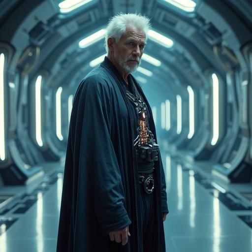 Image of an older male scientist with stark white hair and metallic eyes. He stands in a sterile, high-tech command chamber. Long dark-gray robes with glowing circuitry worn. Cybernetic spinal implant visible beneath translucent fabric. Cold, analytical gaze. Cinematic lighting in a realistic sci-fi setting with 4K detail.
