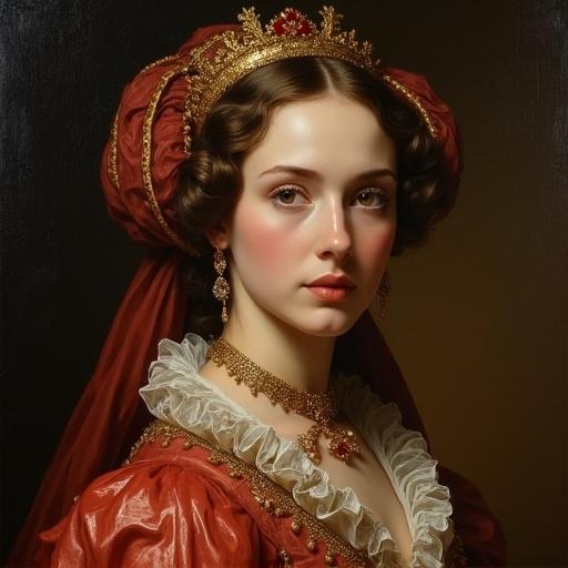 Classical oil painting technique with rich luminous glazes creating depth and dimension layering transparency. Color palette features deep vermillion reds burnished golds on dark earthen backgrounds. Dramatic chiaroscuro lighting emphasizing form texture. Fine brush detail captures intricate metallic embellishments fabric textures soft edges of traditional portraiture. Aged varnish effects subtle craquelure historical authenticity painterly style.