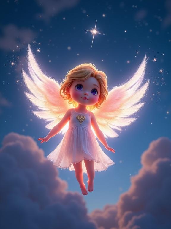 An ethereal childlike angel floating in the air. The body is translucent and radiant, made of pure light with diffused glowing edges. It emits a powerful aura and appears like luminous mist with floating sparkles. The angel has a gentle and peaceful face with soft features, bright violet eyes, and golden translucent hair floating in the wind. It looks like a living celestial projection. Huge vibrant wings resemble energy feathers, elegantly expanding. A colorful light trail spirals around the angel, ascending to the sky. The setting is a magical night with sparkling particles in the air, illuminating the surroundings. 3D style, spiritual and visually stunning, with a majestic and moving atmosphere.