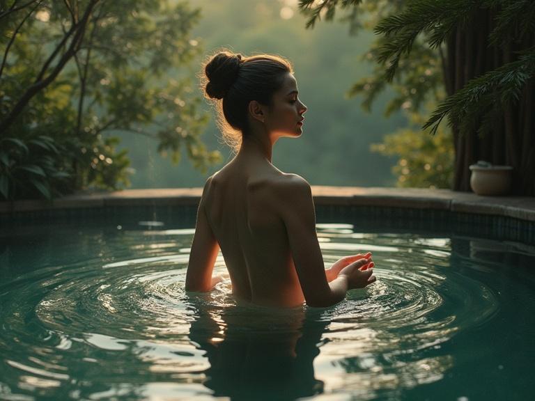 A serene figure meditating in an onsen. Surrounded by drifting pine needles. Bright sunlight filters through foliage, illuminating water surface. Soft, muted colors evoke tranquility. The image captures beauty and sensuality in a natural setting.