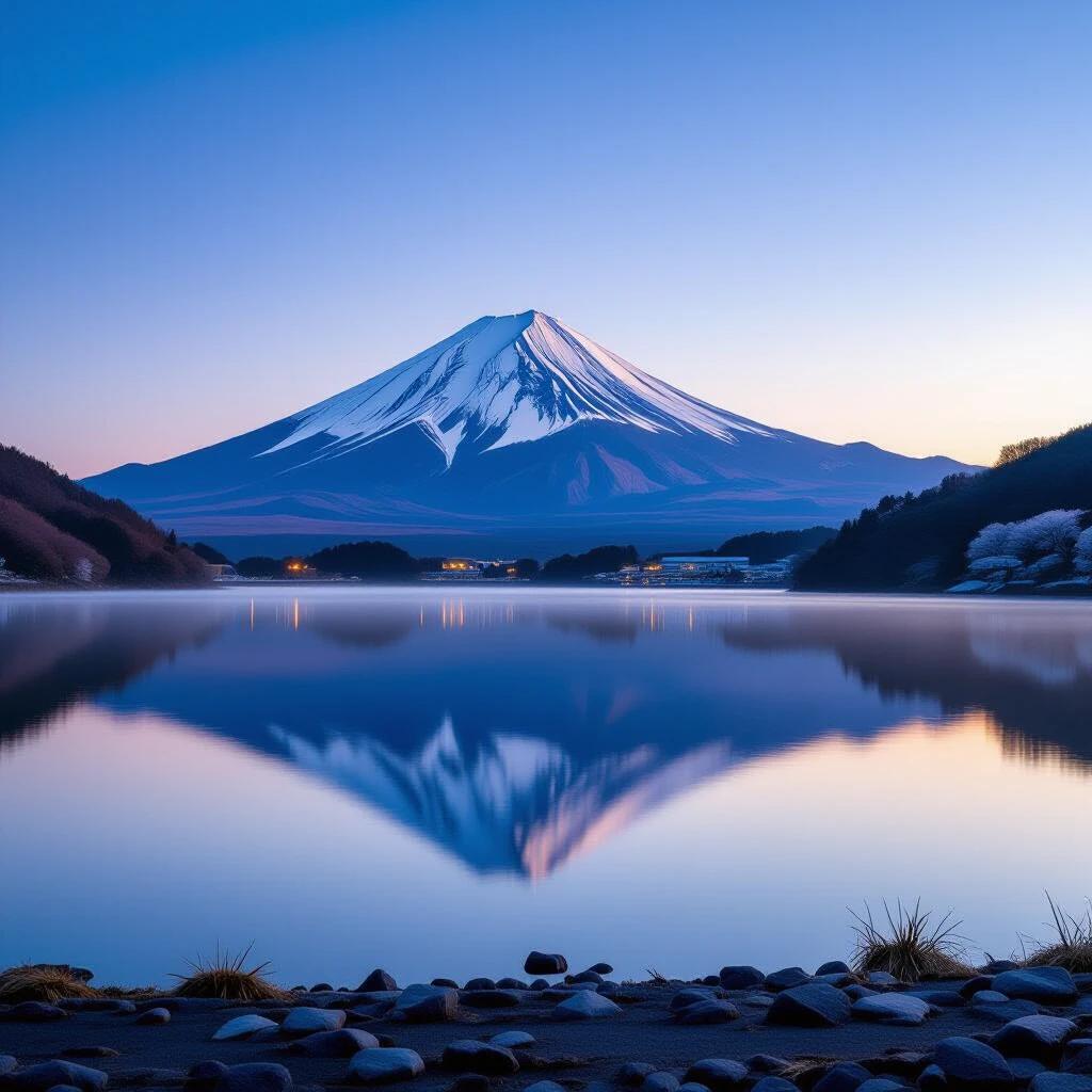 A high-resolution image of Mount Fuji reflecting in a calm lake. The scene captures a clear evening atmosphere with soft light. Rural landscape features foreground rocks and grasses. The mountain stands majestically in the background. Ultra-detailed with intricate visual elements.