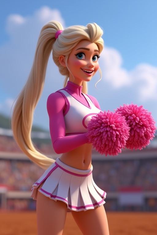 Animated character inspired by a famous princess. Long hair in a side ponytail. Dressed in pink cheerleader outfit. Holding pom poms. Cheering in an outdoor stadium setting.