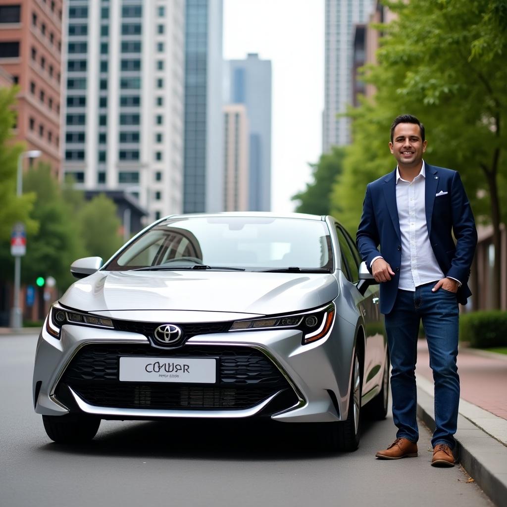 A Toyota Corolla 180H Advance is parked on an urban street. The scene features modern buildings in the background. A man stands beside the car, dressed in smart casual attire.