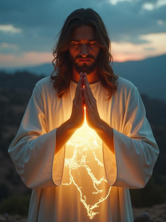 Serene and symbolic image of Jesus expressing compassion. Hands clasped with ethereal light. Map of the Middle East illuminated softly. Twilight sky conveying hope. Cinematic style with high detail.