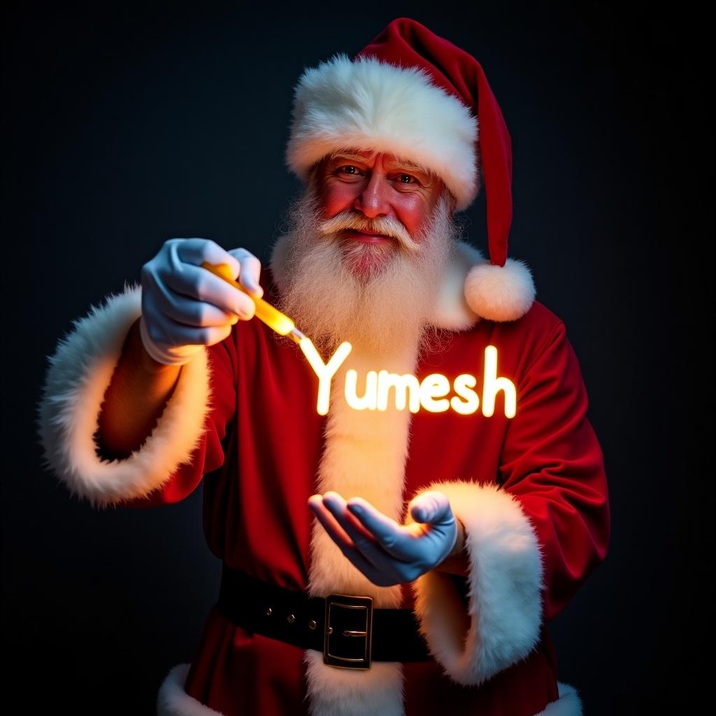 Santa Claus in traditional red and white suit holds glow stick forming name 'Yumesh'. Jolly expression exudes holiday cheer. Dark background enhances glow of text.