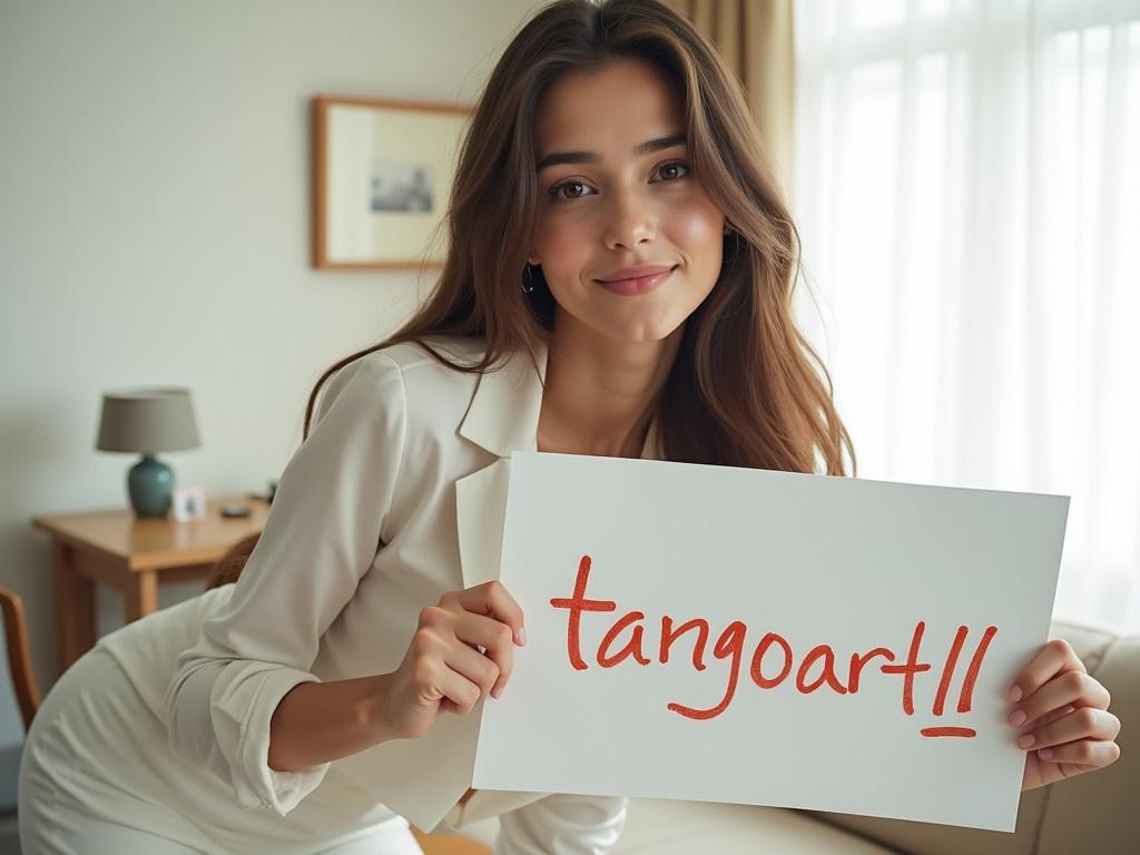 The image features a young woman in a white outfit who is leaning slightly towards the camera. She has long, flowing hair that cascades down her shoulder. The setting is bright and airy, possibly in a home or a hotel room, with soft lighting coming through the windows. In her right hand, she holds a handwritten sign with the text 'tangoart11' displayed clearly. The overall mood is relaxed and casual, inviting viewers to engage with her. The background includes elements indicative of a living space, like a chair and table.