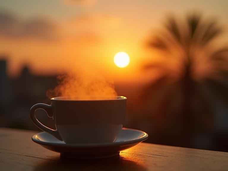 Thumbnail for a YouTube video about golden hour and coffee. Features a steaming cup of coffee with sunset and palm tree in the background.