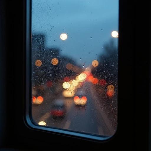 A window with condensation showing a blurred view of a city at dusk. Orange streetlights flicker like distant stars. Silhouettes move inside the window.