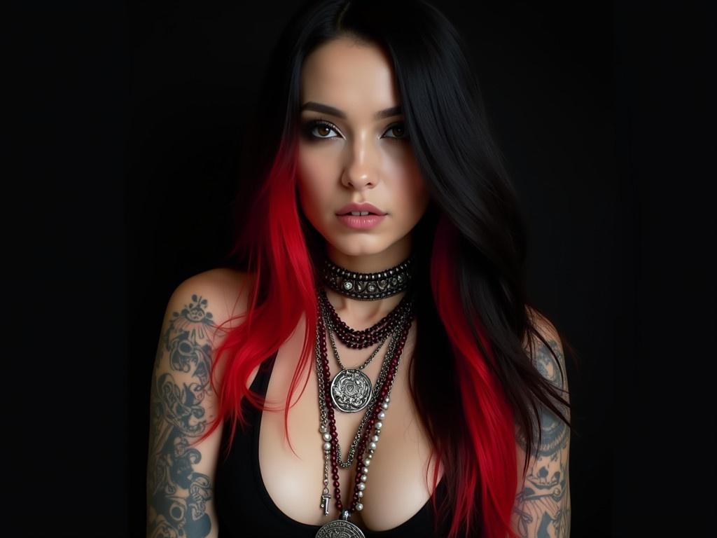 The image features a woman with long, flowing black hair that has bright red highlights. She has intricate tattoos covering her arms and neck, showcasing a variety of designs including skulls and abstract patterns. The woman wears multiple necklaces, including a silver medallion and beads in shades of red. Her attire appears to be a low-cut top that accentuates her tattoos. The background is dark, which adds to the mysterious and edgy aesthetic of the overall image.