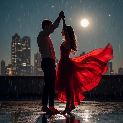 Couple dances barefoot on a rooftop under moonlight. Red dress flows in the wind. Light rain falls. City skyline in the background. Reflections of lights on the ground. Connection and elegance seen.
