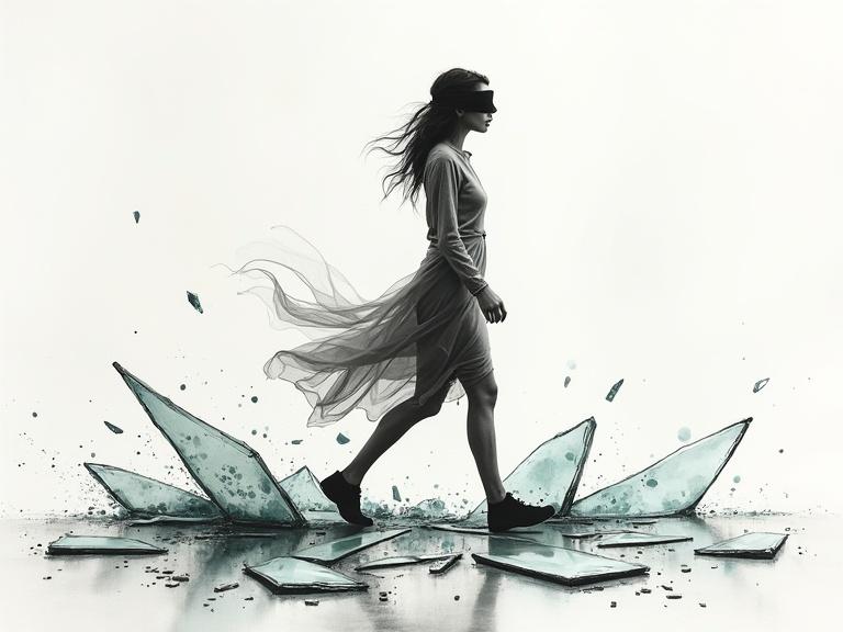 A woman with a blindfold walks over shattered glass. The background features watercolor splash and ink style. The woman's silhouette is highlighted against a soft light. Shattered glass is scattered on the floor, creating an artistic effect.